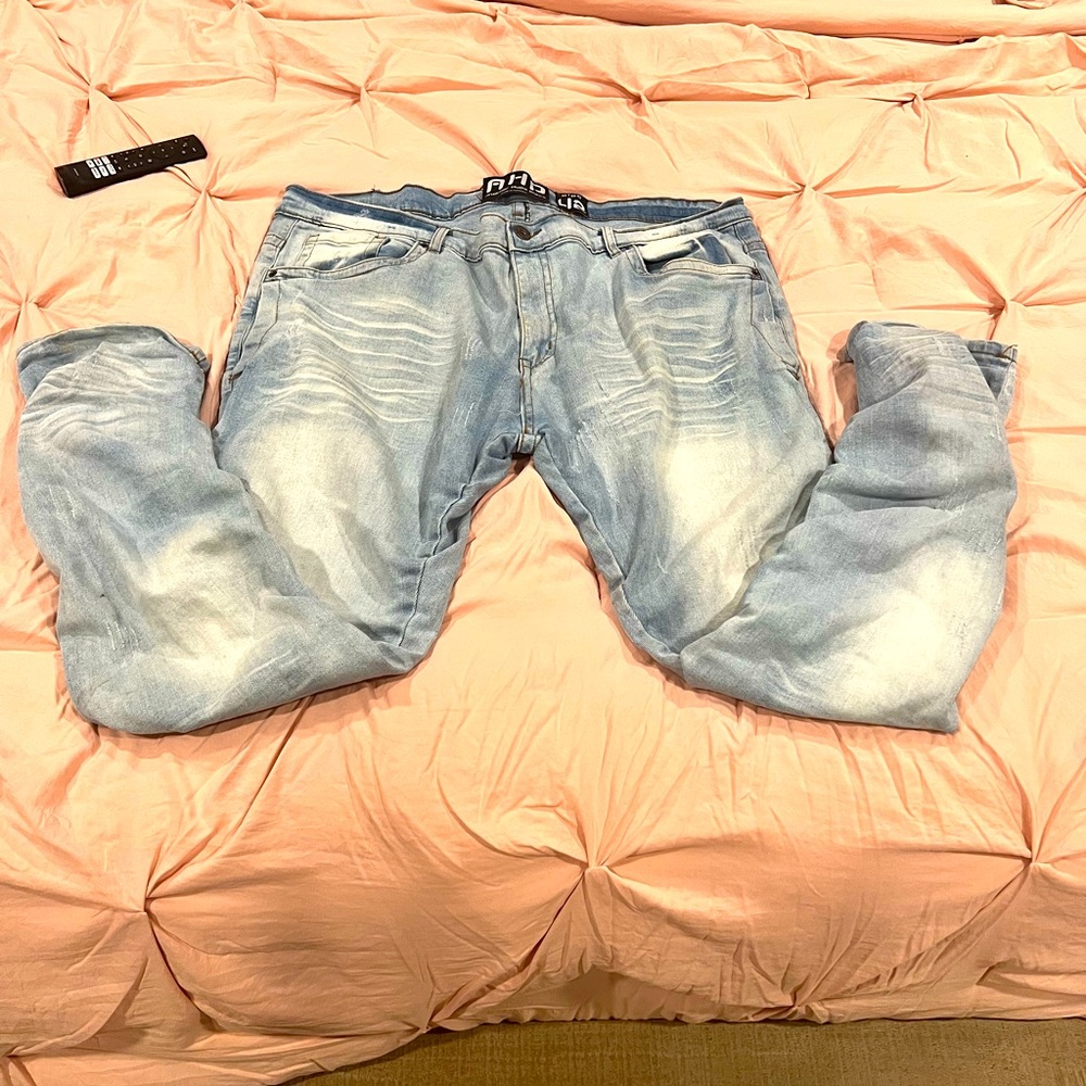 Mens stylish bleached skinny jeans w/ flex waist; Sz 42W